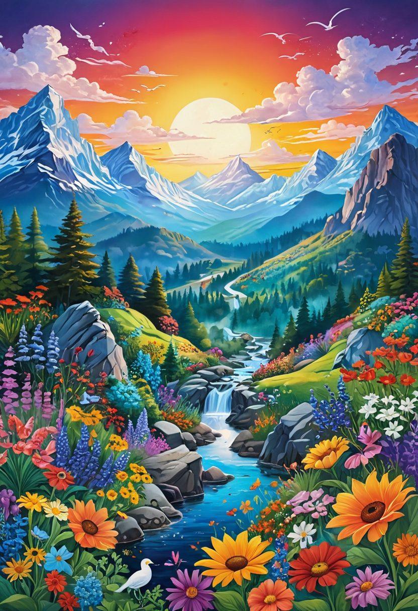 A vibrant collection of ten fantastical illustrations, each depicting diverse and uplifting scenes such as a radiant sunrise over a mountain range, whimsical gardens bursting with colorful flowers, and playful animals engaging in joyful activities. The images should be interconnected with flowing lines, symbolizing inspiration, surrounded by soft clouds and bright bursts of color to enhance the mood. The overall composition should evoke feelings of serenity and happiness. super-realistic. vibrant colors. white background.