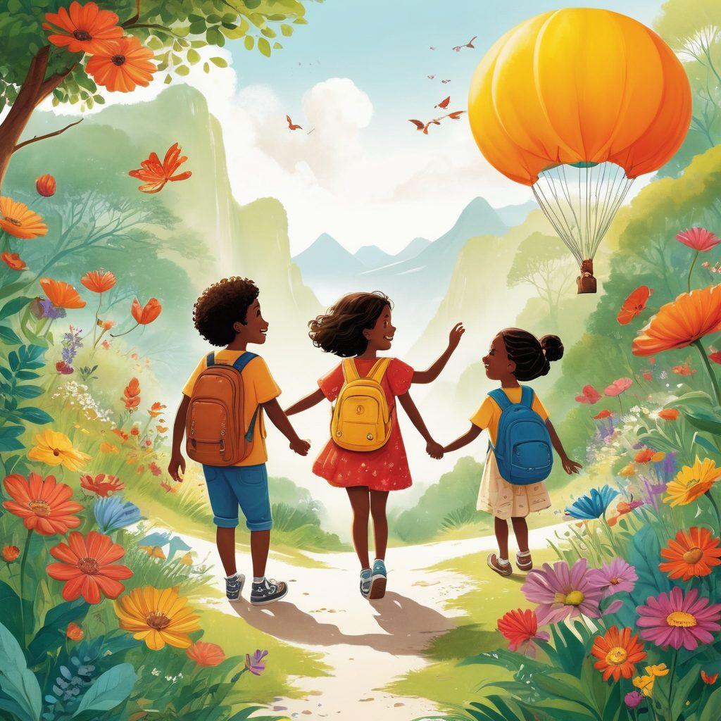 A whimsical scene featuring ten vibrant illustrations, each depicting uplifting themes like friendship, nature, and adventure, all radiating happiness. The backgrounds should be bright and cheerful, with elements of sunlight, flowers, and playful creatures. Include a diverse group of characters interacting joyfully with these illustrations, showcasing different cultures and ages. Super-realistic. Vibrant colors. White background.