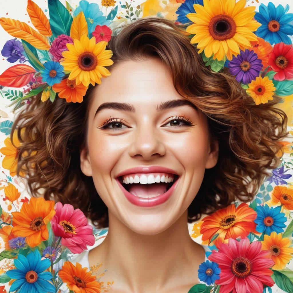 A vibrant collage of joyful faces interwoven with colorful, playful art designs, showcasing a mix of whimsical elements like laughter, sunshine, and blooming flowers. The background should radiate positivity with a burst of colors, inviting an atmosphere of happiness and creativity. Include elements like paintbrushes and palettes to emphasize the theme of joyful artwork. super-realistic. vibrant colors. white background.